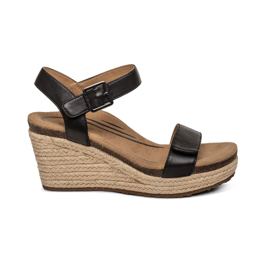 Aetrex Women's Sydney Quarter Strap Espadrille Wedge Sandals - Black | USA YTP32L7